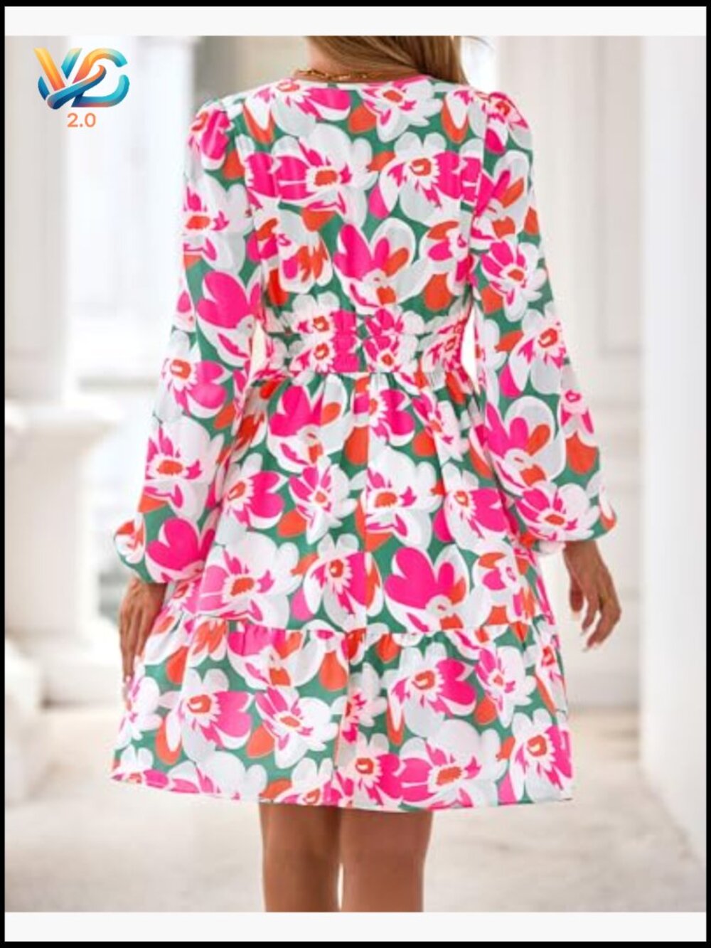 Mini Long Sleeve A-Line Dress with Pockets V-Neck - Picture 3 of 7